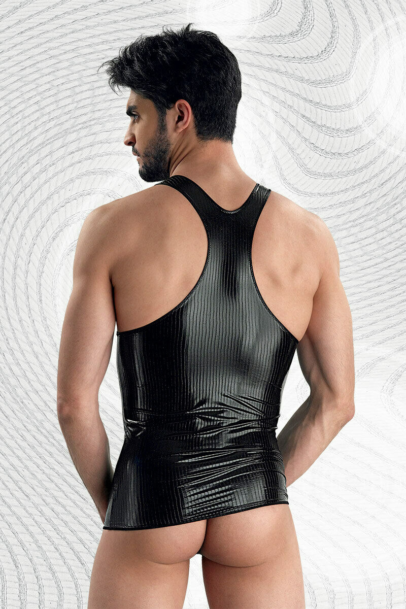 Eros Veneziani Men 7161 Black Tank Top Wetlook Striped Pattern Made in Italy