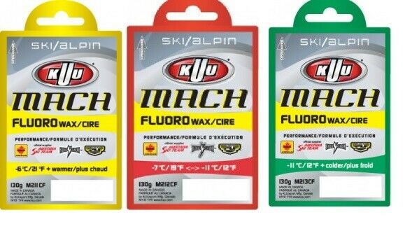 Kuu fluoro TRIO red, green and yellow ski wax w/ scraper (390g total)