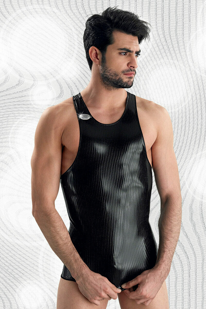 Eros Veneziani Men 7161 Black Tank Top Wetlook Striped Pattern Made in Italy
