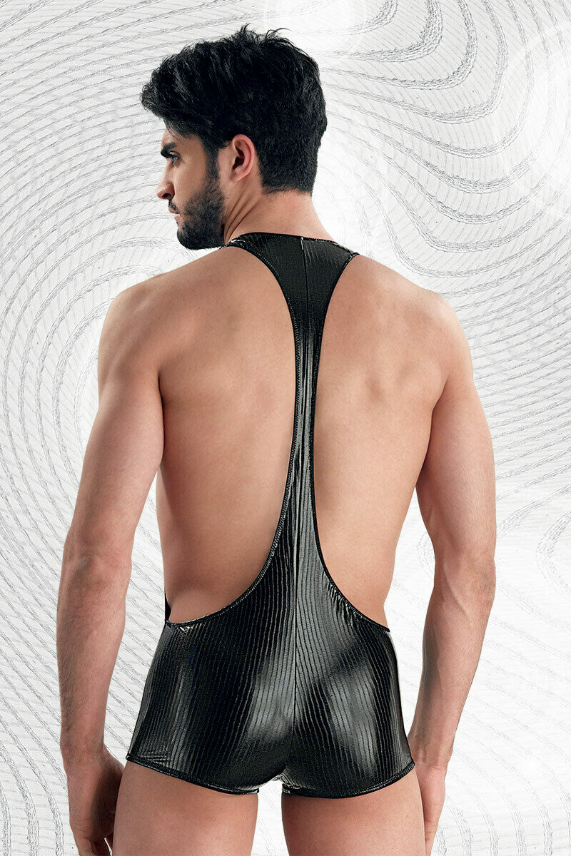 Eros Veneziani Men 7162 Black Wrestling Singlet Wetlook Striped Made in Italy