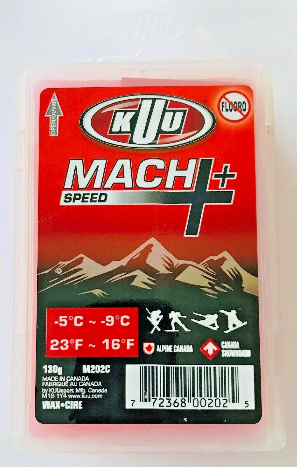 Kuu Mach+ PERFORMANCE RED UNI ski wax 130g -5 to -9C w/scraper Made in Canada